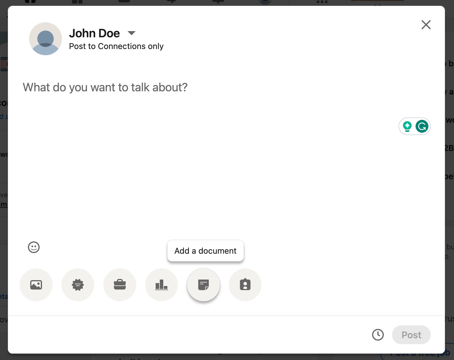 How to post a LinkedIn Carousel: Step 3 - Click 'Add a document'